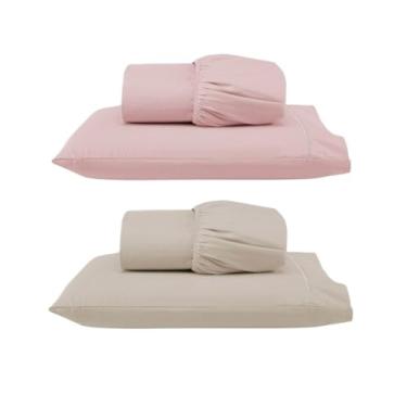 Imagem de Kit 2 Jogos de Lençol Solteiro com Elástico e Fronha Bordada em Ponto Palito, 4 Peças em Micropercal 300 Fios 100% Poliéster (2 Jogos Solteiro Versat (Rosê/Cáqui))