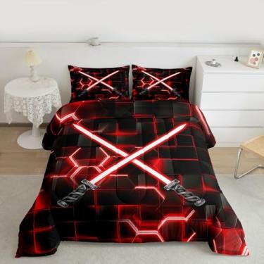 Imagem de Feelyou Conjunto de edredom solteiro com estampa de sabre de luz, vermelho, colmeia para meninos, adolescentes, tecnologia do futuro, conjunto de edredom geométrico, decoração de quarto