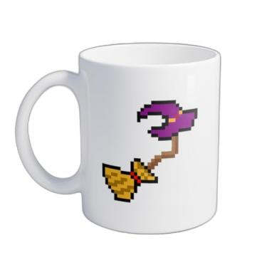 Imagem de Caneca Xícara de Café Porcelana 300ml Chapéu de Bruxa Vassoura Mágica Pixel Art