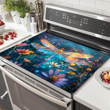 Imagem de HOMETITUTE Capa superior de fogão de libélula para decoração de cozinha de diatomita elétrica de 71 x 50 cm, protetor de fogão de vidro resistente ao calor, tapete de bancada com asas brilhantes e
