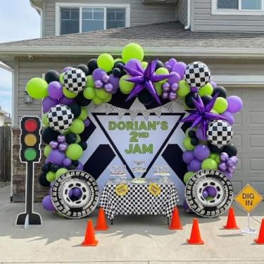 Imagem de Kozee Truck Purple and Green Black Balloon Garland Arch Kit with Big Wheels checkered star mylar foil balloons For Kids 2th 3th 4th Boy Birthday Monster Truck Race Car Party Decoration Supplies
