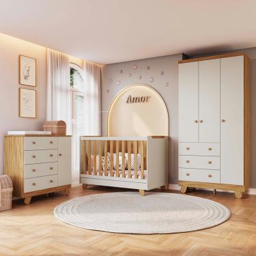 Imagem de Quarto de Bebê Completo com Guarda-roupa 3 Portas Cômoda Pingo e Berço 4em1 Minicama Zuri em MDF Móveis Peroba - Amendoa/Off White