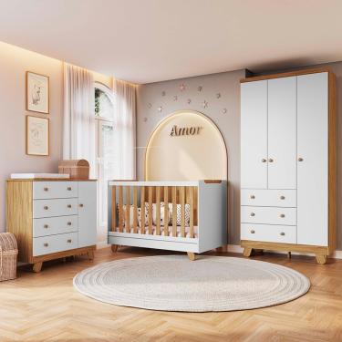 Imagem de Quarto de Bebê Completo com Guarda-roupa 3 Portas Cômoda Pingo e Berço 4em1 Minicama Zuri em MDF Móveis Peroba - Branco Brilho/Amendoa