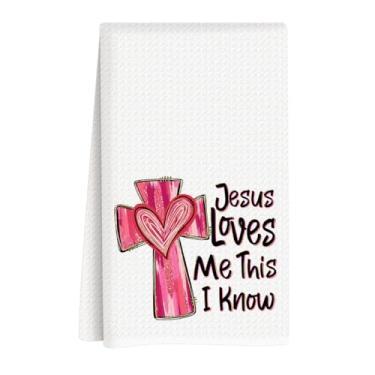 Imagem de ASDFKVFR Toalhas de cozinha para o dia dos namorados, decorações de dia dos namorados, presente para ela, namorado, namorada, cruz de coração rosa, cristão, Jesus, versículo bíblico, panos de prato