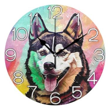 Imagem de GAIGEO Cão Husky fofo relógio de parede colorido analógico decorativo relógio de cozinha rústico operado por bateria silencioso, decoração de parede moderna para sala de estar, 25 cm, ponteiros pretos
