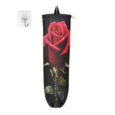 Imagem de Organizadores de saco plástico preto com rosa vermelha, suporte de sacola de supermercado, bolsa de armazenamento de cozinha