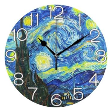 Imagem de GAIGEO Relógio de parede analógico decorativo azul estrelado amarelo aquarela relógio de cozinha rústico funky alimentado por bateria, arte de parede moderna legal decoração de casa, 25 cm, ponteiros