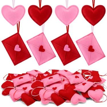 Imagem de HunnmingRe 24 peças de enfeites de feltro de coração e envelope de dia dos namorados, enfeites vermelhos e rosa em forma de coração para decoração de árvore do dia dos namorados, casamento