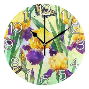 Imagem de GAIGEO Relógio de parede analógico decorativo redondo sem tique-taque silencioso relógio de cozinha rústico, arte de parede boho decoração de casa flores de íris amarelo roxo amarelo, 25 cm, ponteiros