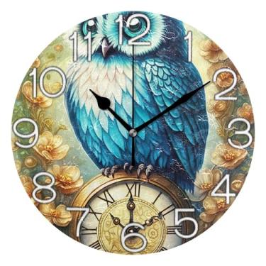 Imagem de GAIGEO Relógio de parede analógico decorativo moderno alimentado por bateria relógio de cozinha de escritório, decoração de parede de casa de fazenda moderna, arte de coruja azul, 25 cm, ponteiros