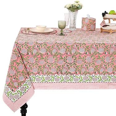 Imagem de Ridhi Toalha de mesa de algodão rosa morango com estampa de blocos manuais, lavável e reutilizável, capa de mesa floral boho para jantar, casamento, decoração de férias, dia de Ação de Graças