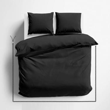 Imagem de Conjunto de capa de edredom de 3 lados com zíper Queen Size preto - Conjunto de capa de edredom de microfibra macia com fecho de zíper de 3 lados, capa de edredom tamanho Queen (228 x 228 cm) e 2