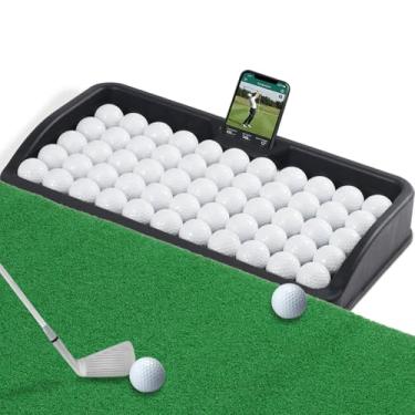 Imagem de Japard Bandeja de bola de golfe resistente - com suporte para celular, balanço de golfe - Capacidade de 100 bolas - Bandeja de golfe de borracha de alto impacto compatível com todos os tapetes de