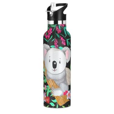 Imagem de Coalas fofas flores coloridas folhas meninos garrafas de água com tampa de palha, garrafa de água isolada de aço inoxidável, à prova de vazamento, copos infantis livres de BPA para escola, viagens