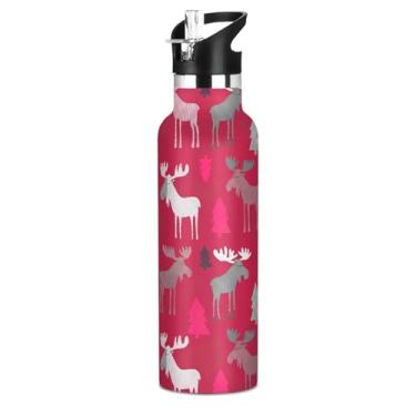 Imagem de Garrafa de água isolada de aço inoxidável de 590 ml com tampa de palha, alce de Natal, árvores vermelhas, garrafas de água para meninos, meninas, crianças, copos de viagem, parede dupla, vácuo, livre