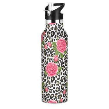 Imagem de Joisal Garrafa de água isolada para meninos de 590 ml com tampa de palha, rosa floral preto e branco leopardo garrafa de água de aço inoxidável para escola com alça, copo de viagem sem BPA