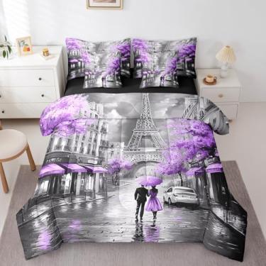Imagem de Erosebridal Conjunto de edredom solteiro Torre Eiffel, 7 peças, conjunto de cama francesa Paris em uma bolsa com lençol para mulheres, meninas, lençol romântico, com pintura a óleo de Paris, roxo, dia