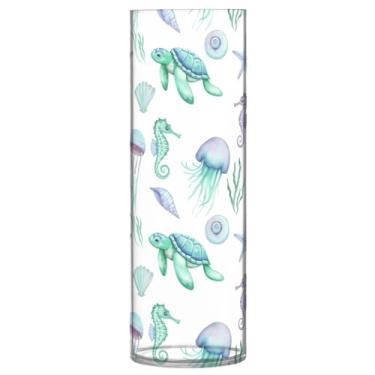 Imagem de CEBUGI Vaso de flor de tartaruga de água-viva cavalo marinho 10 x 30 cm, vaso cilíndrico para flores, vaso transparente inquebrável para decoração de casa de festa de casamento