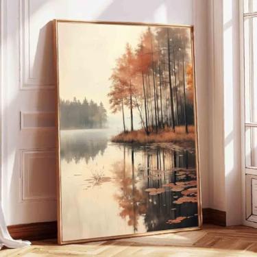 Imagem de Mostemauo Fotos de paisagem de outono pintura vintage floresta lago arte de parede decoração de sala de estar 40 x 61 cm sem moldura
