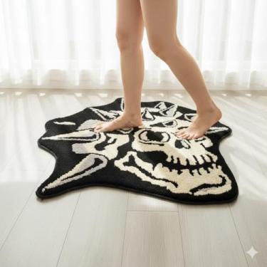 Imagem de Tapete redondo de Halloween com caveira 78,7 x 78,7 cm preto e branco para cozinha, quarto, sala de estar, banheiro, estúdio, tapete tufado, antiderrapante, punk rock, não lavável na máquina