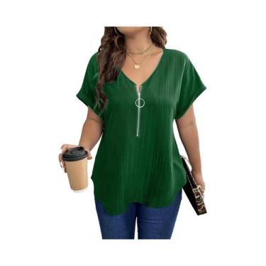 Imagem de Camiseta Feminina plus Size Com Decote Em V, Manga Curta E Zíper, Casu
