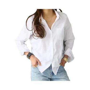 Imagem de Blusa De Algodão Branca De Manga Longa Estilo OL Com Lapela Elegante P