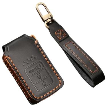 Imagem de Capa de couro artesanal para chave compatível com Honda Accord/Civic/Pilot/Odyssey/CR-V 2014 2015 2016 2017 2018 3/4 botões capa de chave de carro(3 Buttons Black)