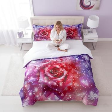 Imagem de CCoutueChen Jogo de cama Queen com rosa vermelha, romântico, floco de neve, para jovens e mulheres, com 2 fronhas/90 x 90