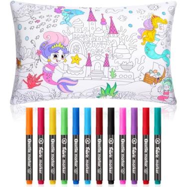 Imagem de Mindsoft Fronha de sereia para colorir artesanato com 12 canetas marcadoras para decoração de artesanato, 72 x 40 cm