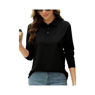 Imagem de Camisa Polo Feminina De Manga Longa Em Cor Sólida, Confortável E Macia