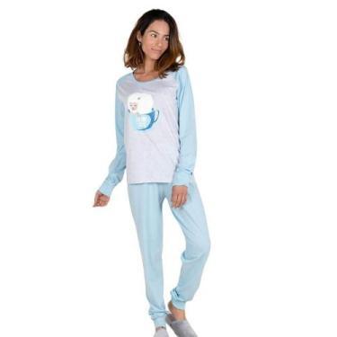 Imagem de Pijama Longo Coffe Algodão Desayner 2455 Modelagem Raglan, Azul, Mescl