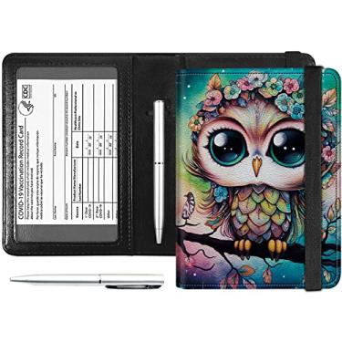 Imagem de Combo de couro PU com bloqueio de RFID para passaporte e cartão de vacina, capa carteira feminina para passaporte de viagem com faixa elástica e caneta, Coruja floral, Carteira RFID