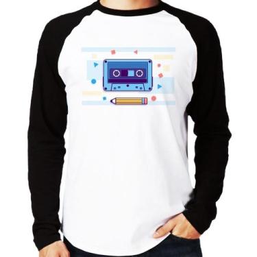 Imagem de Camiseta Raglan Fita Cassete Manga Longa - Foca na Moda, Branco, Preto