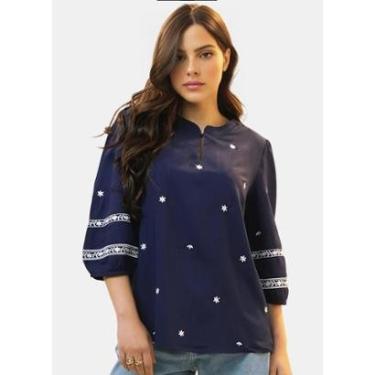 Imagem de Blusa Feminina Marinho em Viscose Manga 3/4 Bordada Branco-Feminino
