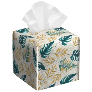 Imagem de Pacote com 2 unidades, capa quadrada para caixa de lenços de folhas tropicais verdes e douradas, porta-lenços de couro PU, à prova d'água, organizador de papel facial para banheiro, cozinha, casa