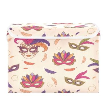 Imagem de Wassud Cestos de armazenamento dobráveis com tampas, retrô, carnaval, cestos organizadores de tecido dobrável para armário, casa e decoração sazonal 41,5 x 32,5 x 39,5 cm x 29 cm