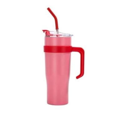 Imagem de Garrafa TéRmica Com Tampa De Palha – Garrafa De áGua De AçO InoxidáVel De Grande Capacidade, Adequada Para Academia, Trabalho E Uso DiáRio(Rosa c/vermelho)