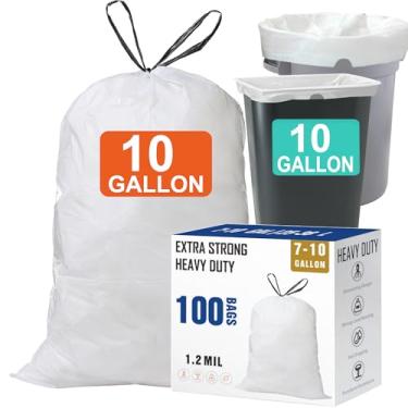 Imagem de Sacos de lixo com cordão de 10 galões (100 unidades) Sacos de lixo resistentes de 1,2 Mil compatíveis com a lixeira Rubbermaid Brute de 10 galões e serve para todos os lixeiras de 7, 9, 10, 13 galões