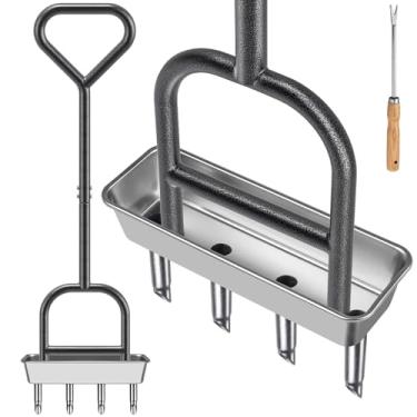 Imagem de Dolibest Aerador de gramado, aerador manual de gramado, 4 aeradores de plugue de aço inoxidável com alça triangular, ferramenta de aeração manual de grama pré-montada e bandeja de armazenamento para