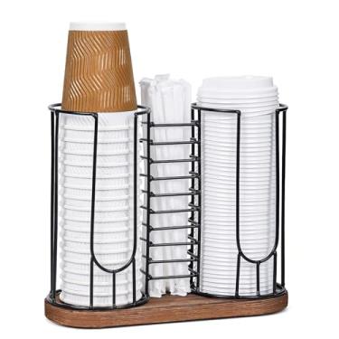 Imagem de Dispensador de xícara de café, copo descartável com 3 compartimentos e suporte de tampa com base de madeira, organizador de copos de café para estação de copos de plástico de bancada