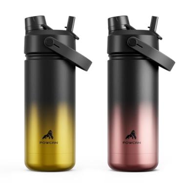 Imagem de POWCAN Pacote com 2 garrafas de água isoladas para crianças de 510 g para escola: à prova de vazamento, tampa de bico de canudo 2 em 1, livre de BPA, manter frio 24 horas, copo de aço inoxidável para