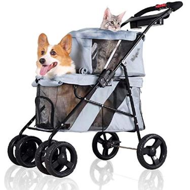 Imagem de U5GAAALPPQ9 Carrinho de bebê duplo de 4 rodas com porta-copos, ótimo para viagens de animais de estimação ou gêmeos ou vários animais de estimação para cães e gatos, cinza