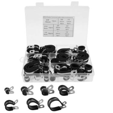 Imagem de MABCIRY Kit sortido de 60 braçadeiras de cabo, braçadeiras de borracha de aço inoxidável, grampo de fio de metal de 1/10.2 cm 5/40.6 cm 3/20.3 cm 1/5.1 cm 5/20.3 cm 3/10.2 cm 25 mm, clipe de tubo de