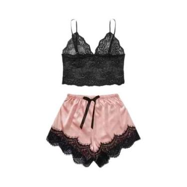 Imagem de Conjunto De Pijama De Cetim Rosa Feminino Sexy Com Renda E Seda, Camis
