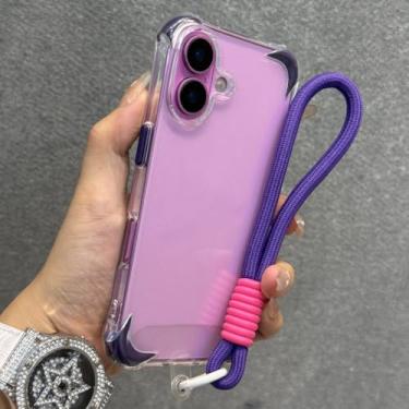 Imagem de Pulseira anti-perda com cordão, capa transparente à prova de choque para iPhone 12, 13, 14, 15, 16 Pro Max Plus, capa protetora de silicone macio, roxo escuro, para iPhone 12 Pro
