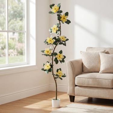 Imagem de Jexine Árvore de borracha artificial de 2,1 m em vaso de plantador branco com 9 flores de magnólia, planta falsa extragrande para ambientes internos, sala de estar, escritório, decoração de casa