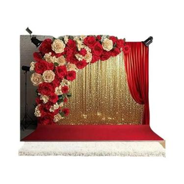 Imagem de Fundo Fotográfico De Poliéster Com Glitter Dourado E Rosas Vermelhas, 