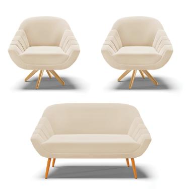 Imagem de Kit 01 Namoradeira 02 Lugares e 02 Poltronas Giratória Giovana Suede Base Madeira MA30 - D'Rossi