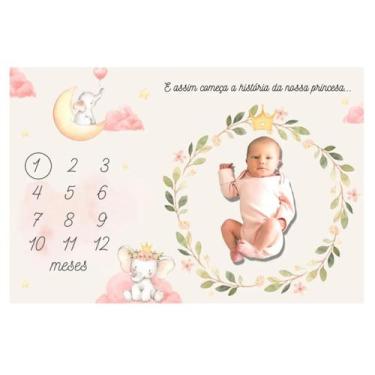 Imagem de Lençol Mêsversário Cenário Fundo Fotos Bebê Elefante Menina - Minha Es