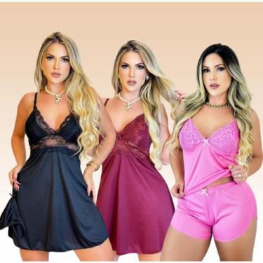Imagem de Kit 2 Camisolas + 1 Baby Doll Pijama Feminino Com Calcinha Sensual Tra
